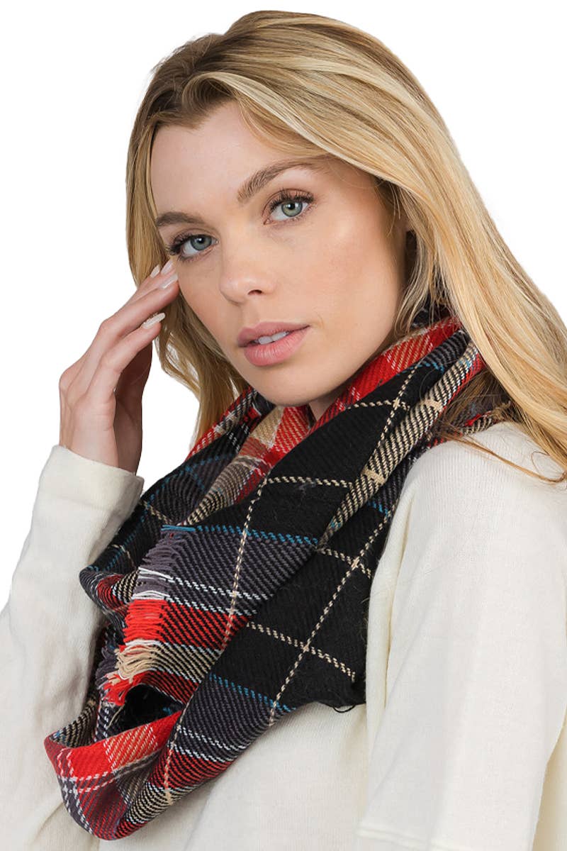 Madras Plaid Knitted Fray Trim Infinity Scarf
