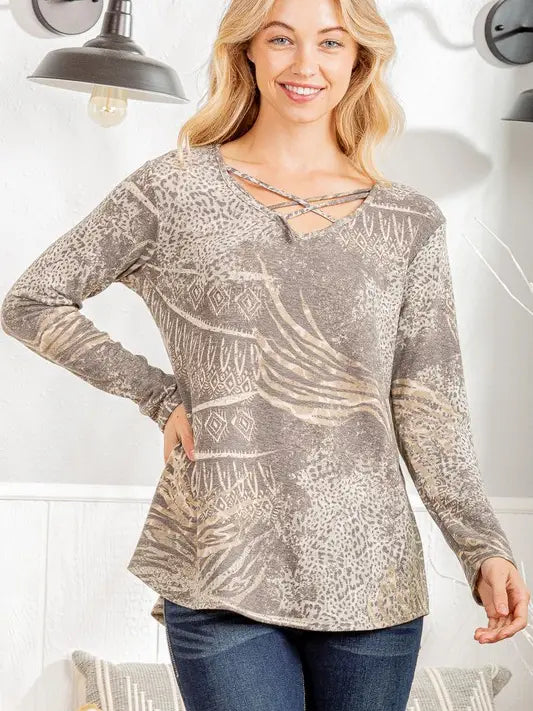 Multi Print Olive Criss Cross Neck Top