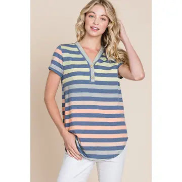 V-Neck Colorful Stripe Short Sleeve Top