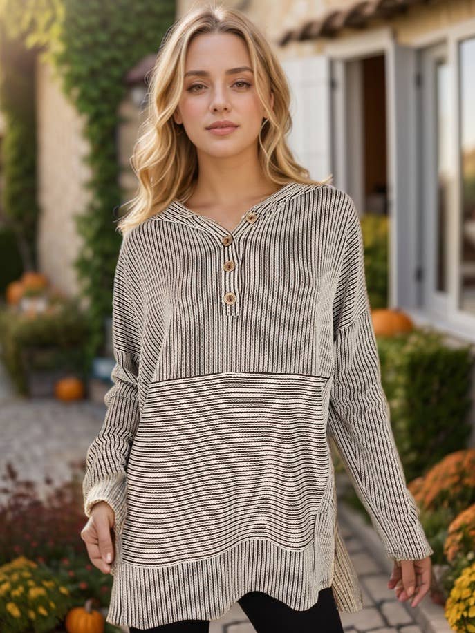 Ribbed 1/4 Button Hooded Top