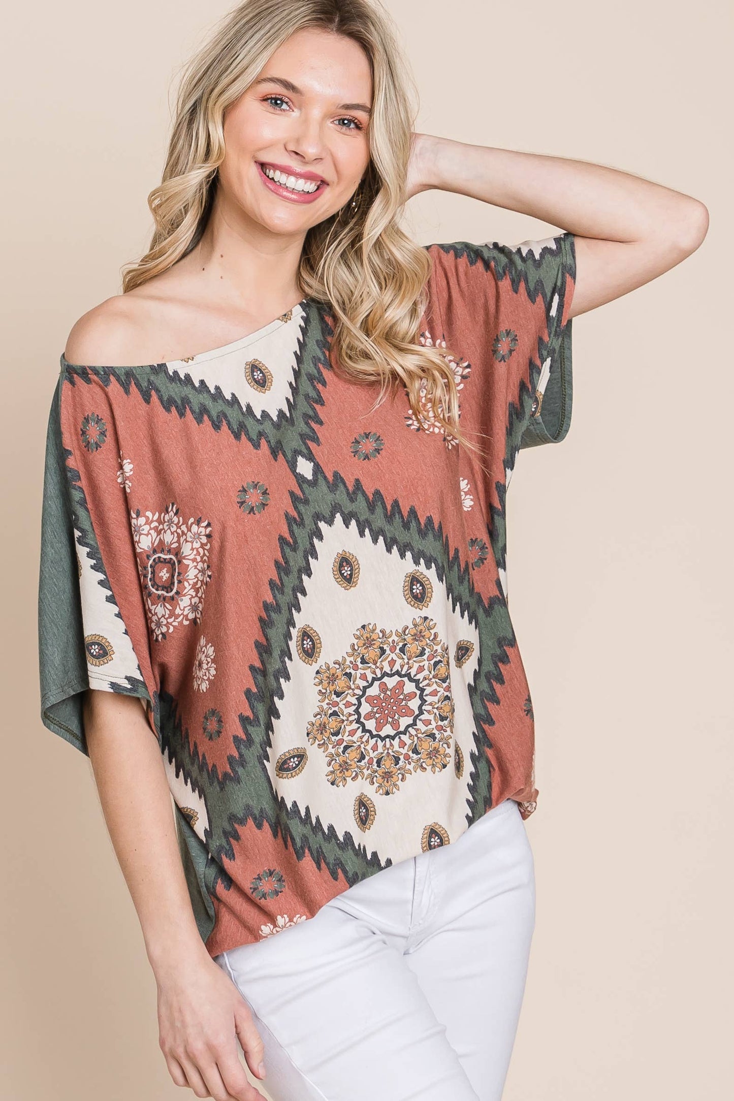 ETK-8722 Floral Chevron Off Shoulder Top