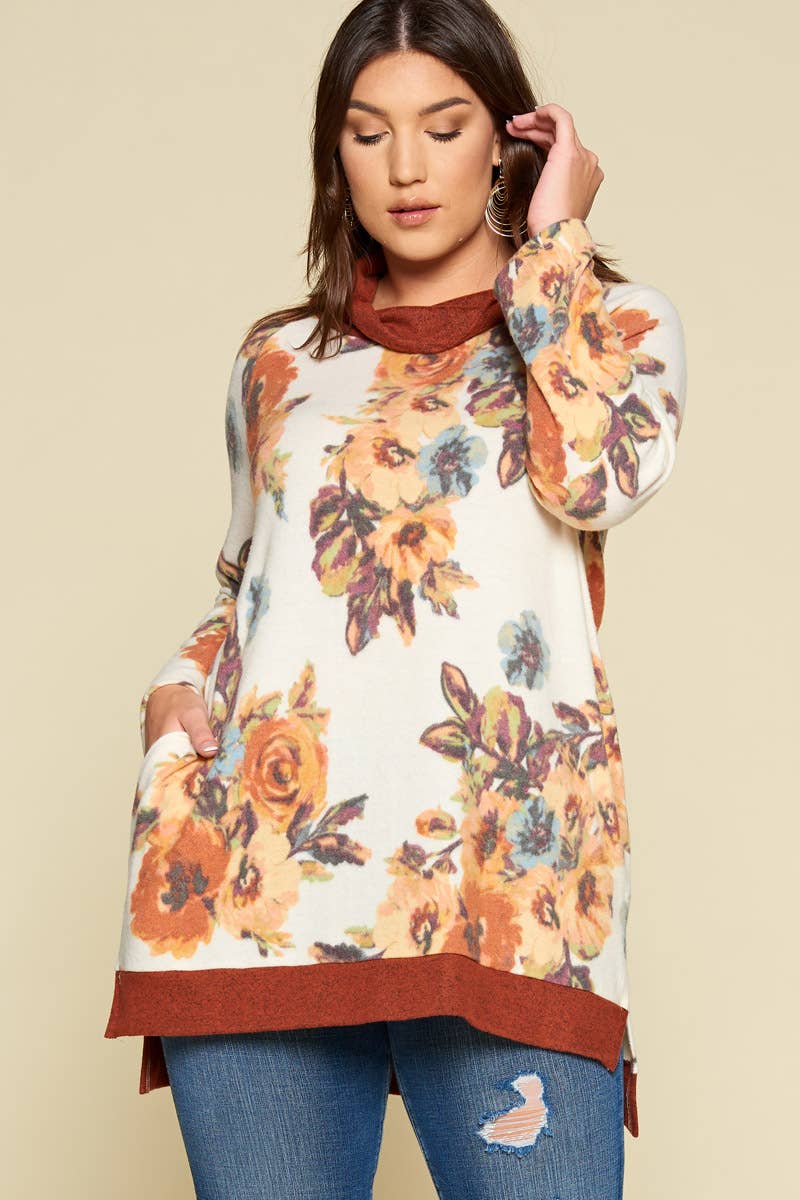 ETK-7939-PL Plus Size Floral-Print Pullover with Cowl Neck