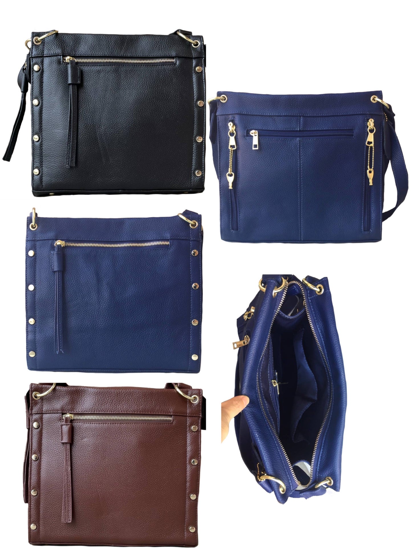 Cowhide leather shoulder bag with multiple pockets