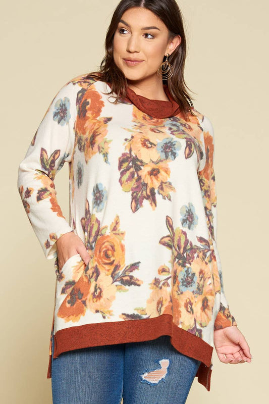 ETK-7939-PL Plus Size Floral-Print Pullover with Cowl Neck