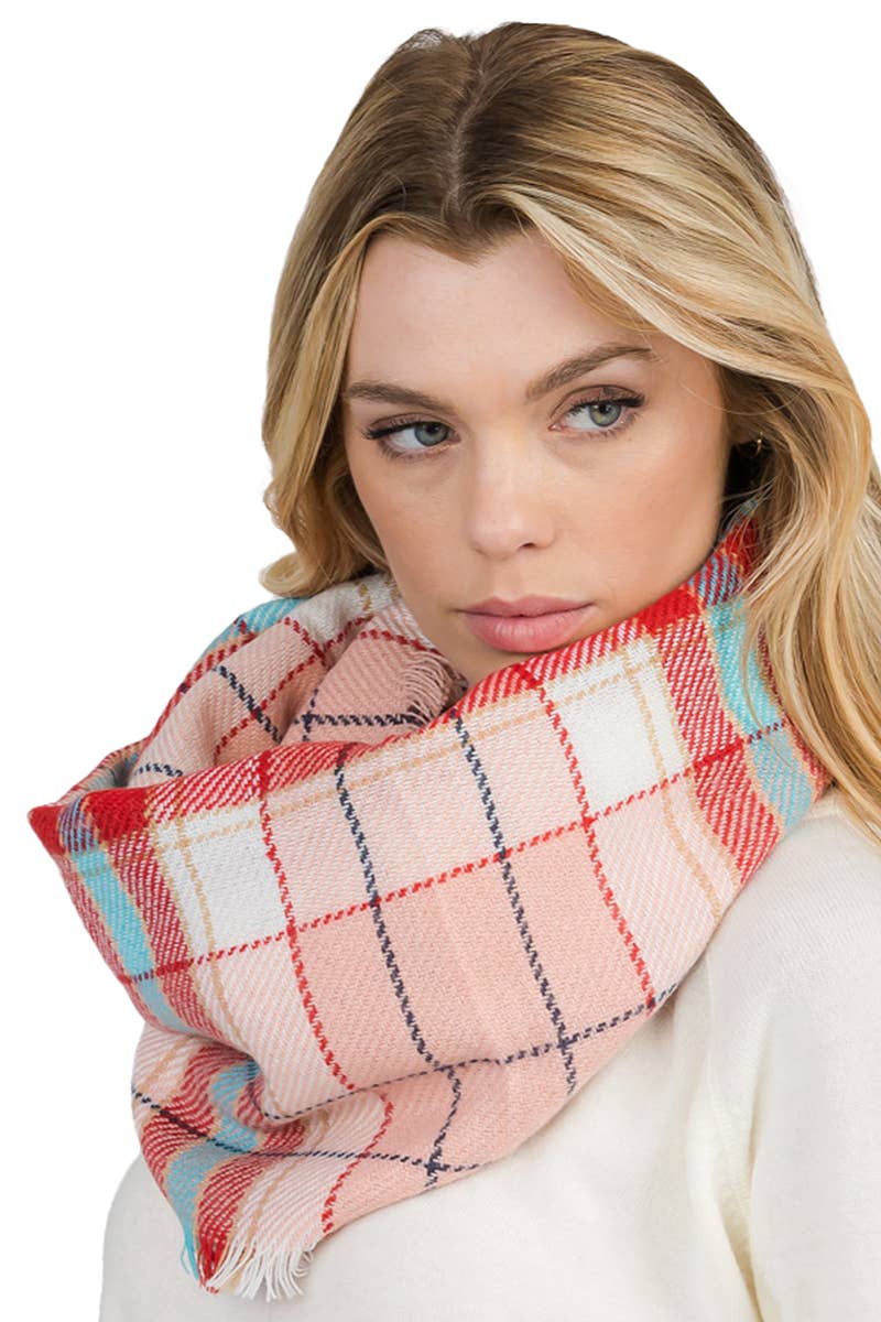 Madras Plaid Knitted Fray Trim Infinity Scarf