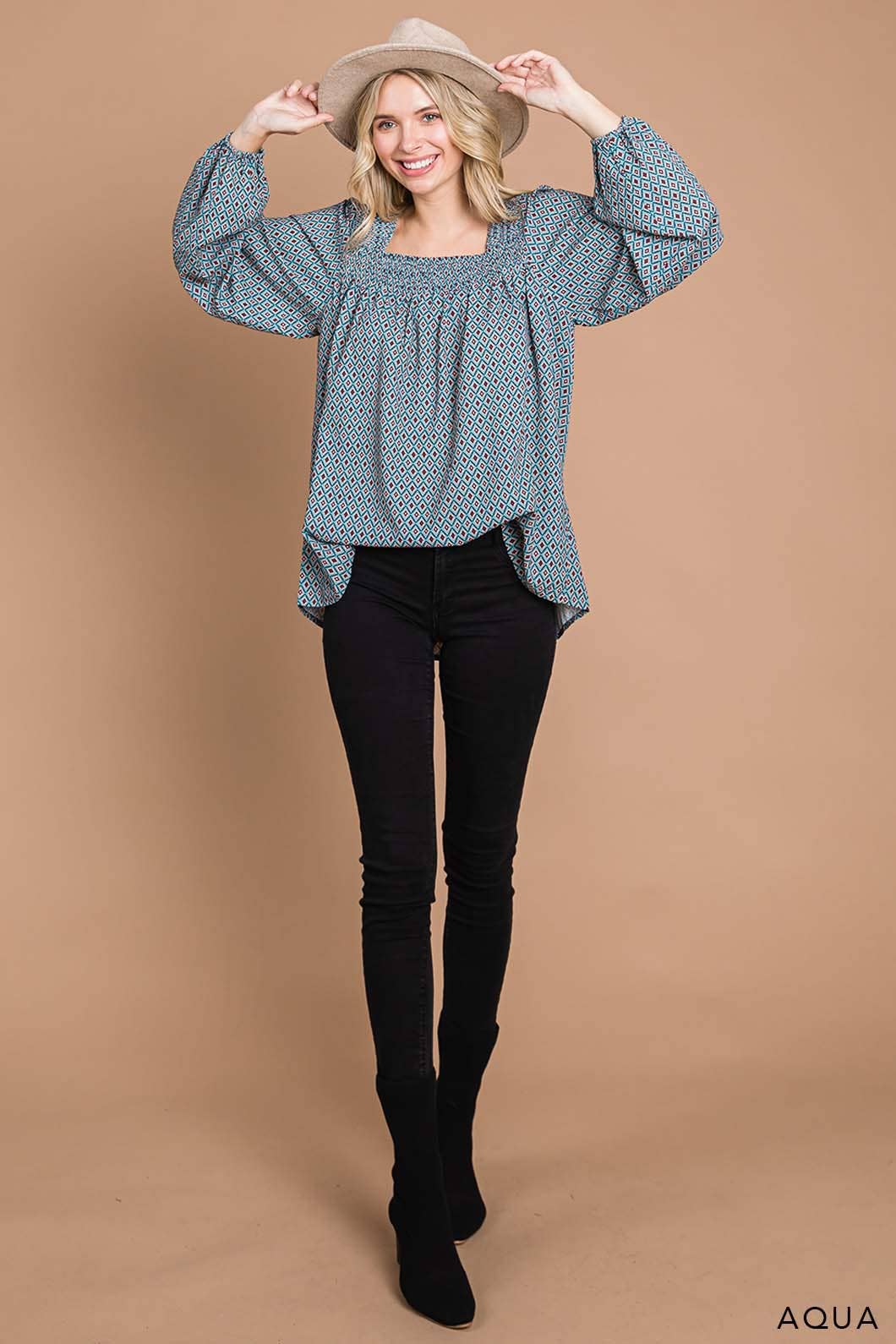 Boho Tile Print Smocking Neck Women's Top