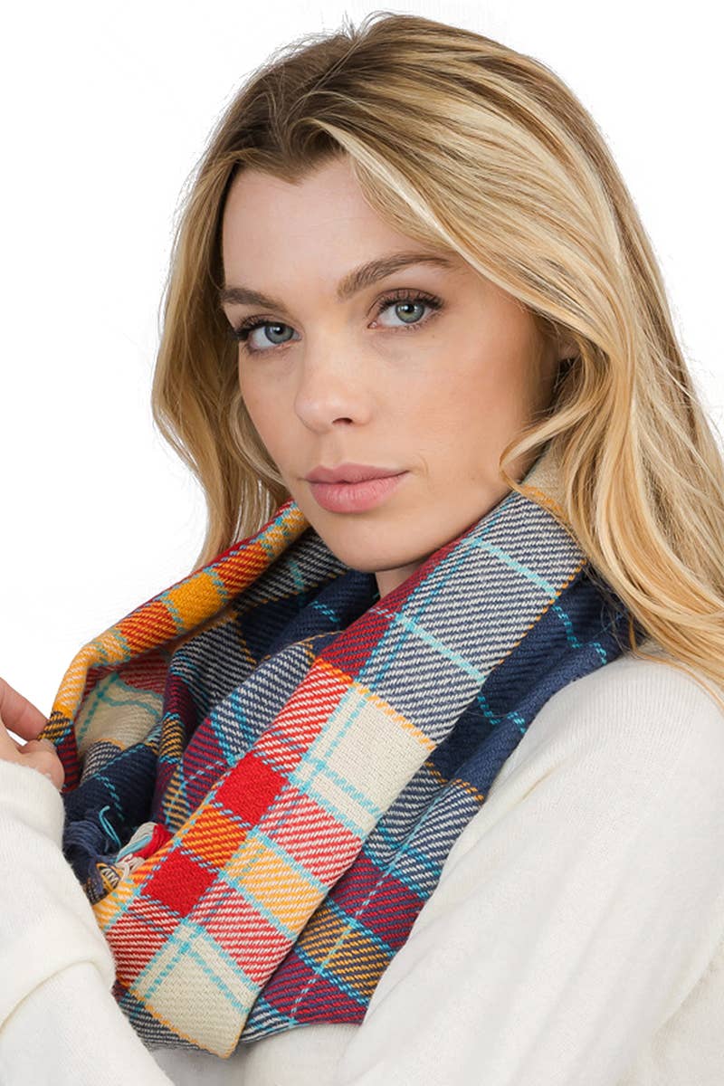 Madras Plaid Knitted Fray Trim Infinity Scarf