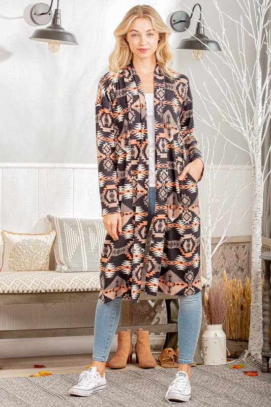EJ6403-11 AZTEC PRINT OPEN CARDIGAN