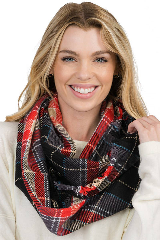 Madras Plaid Knitted Fray Trim Infinity Scarf