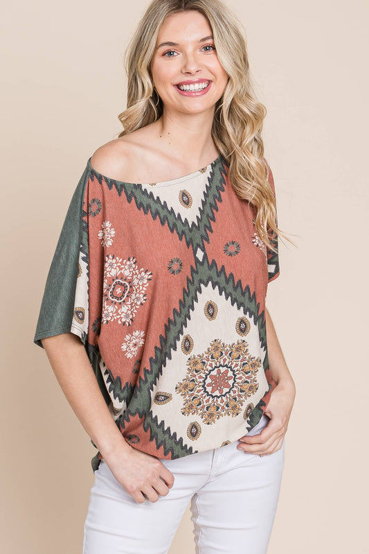 ETK-8722 Floral Chevron Off Shoulder Top