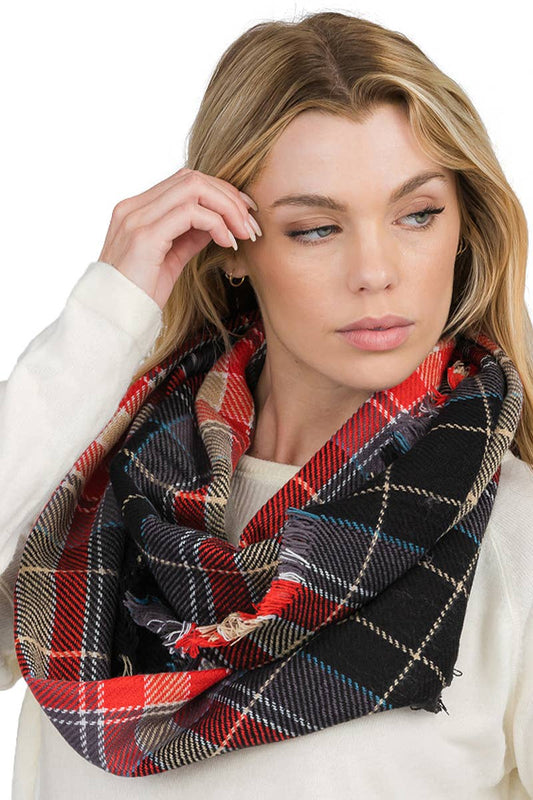 Madras Plaid Knitted Fray Trim Infinity Scarf