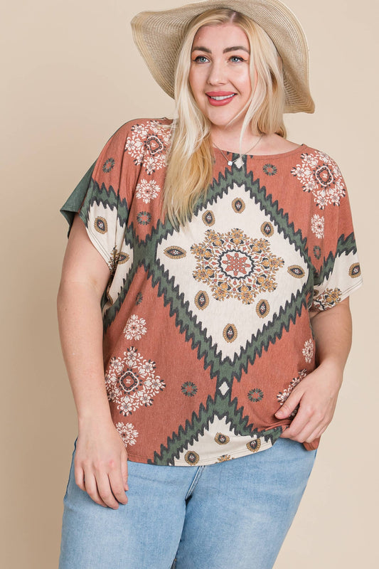 ETK-8722-PL Plus Size Floral Chevron Off Shoulder Top