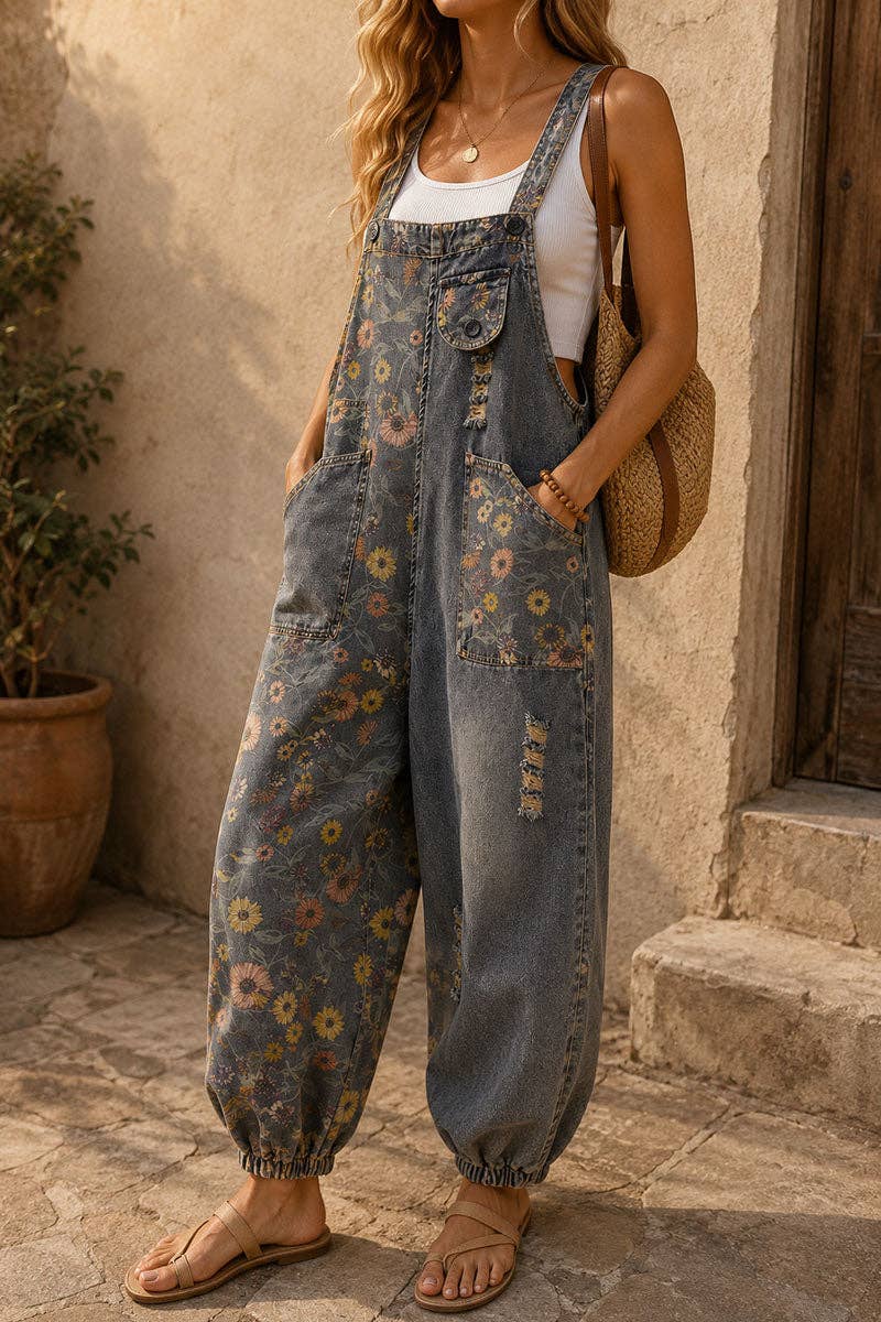 Fall Floral Distressed Denim Overalls
