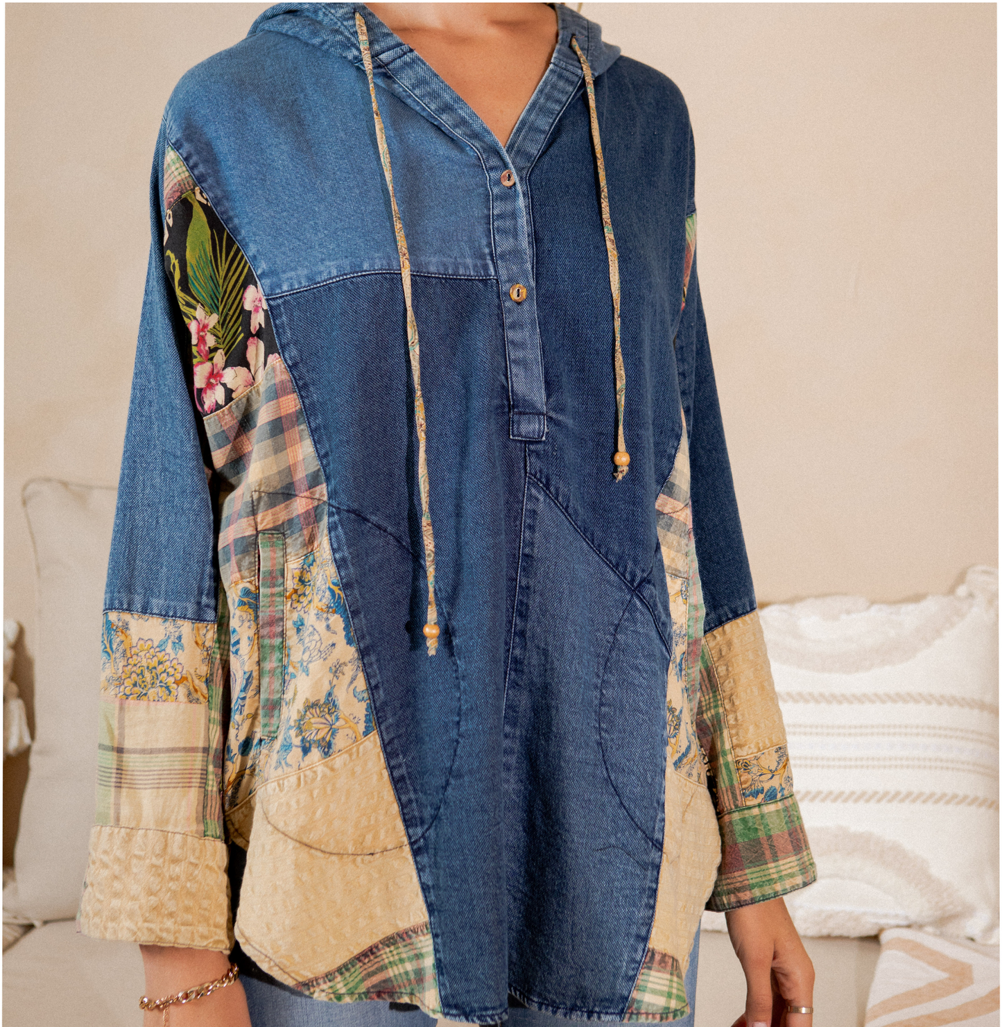 Western Boho Chic: Hooded High Low Patchwork Top