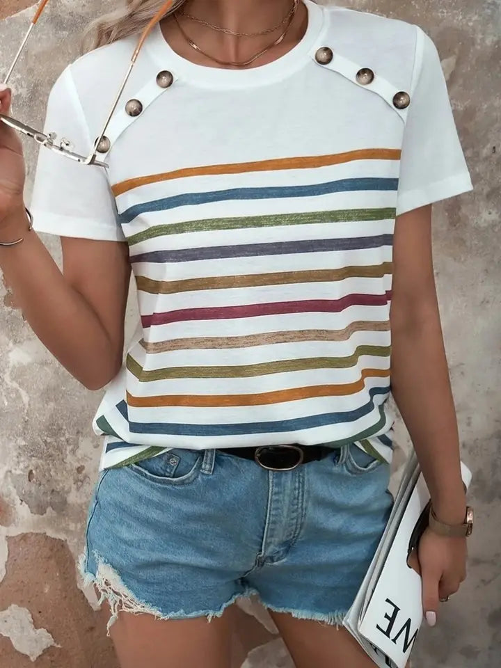Summer Striped Print Button Detail Short Sleeve Top