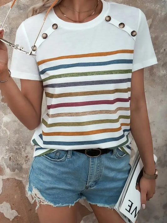 Summer Striped Print Button Detail Short Sleeve Top