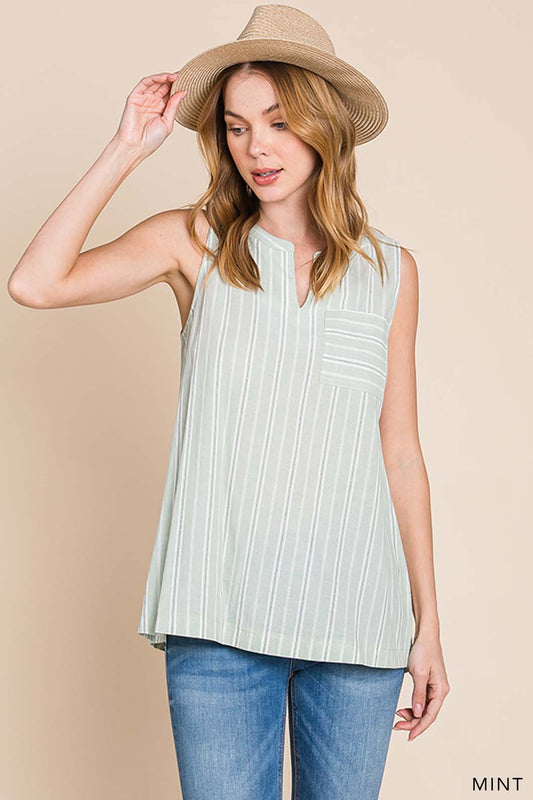 Women's Cotton Striped Pocket Detail Tank Top