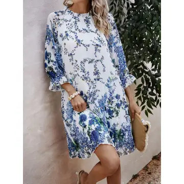 Pleated Floral Print Dress