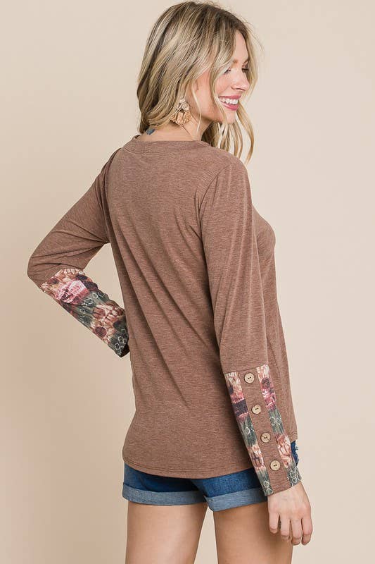 ETK-8592-PL Plus Size Tie Dye Button Sleeves Contrast Top