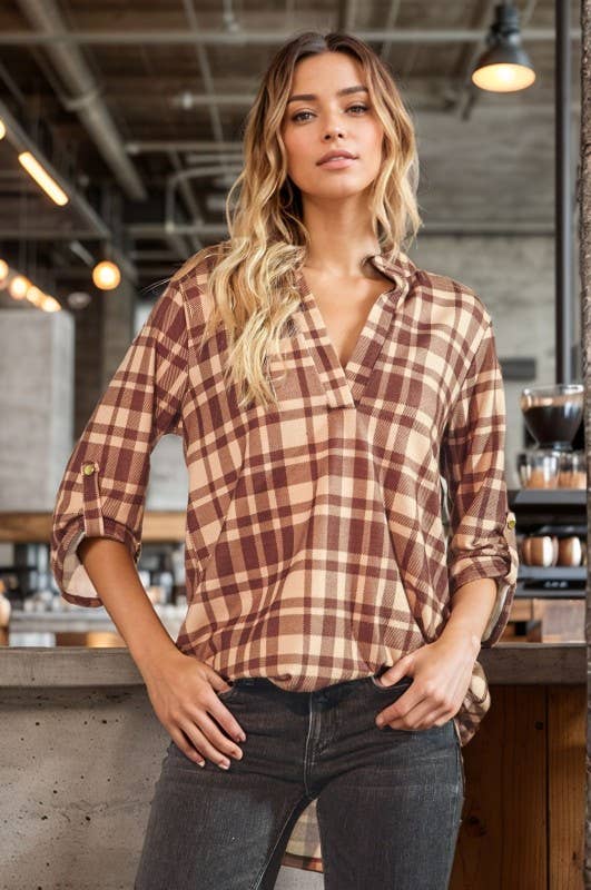 Button 3/4 Sleeve Plaid Mandarin Collar Blouse