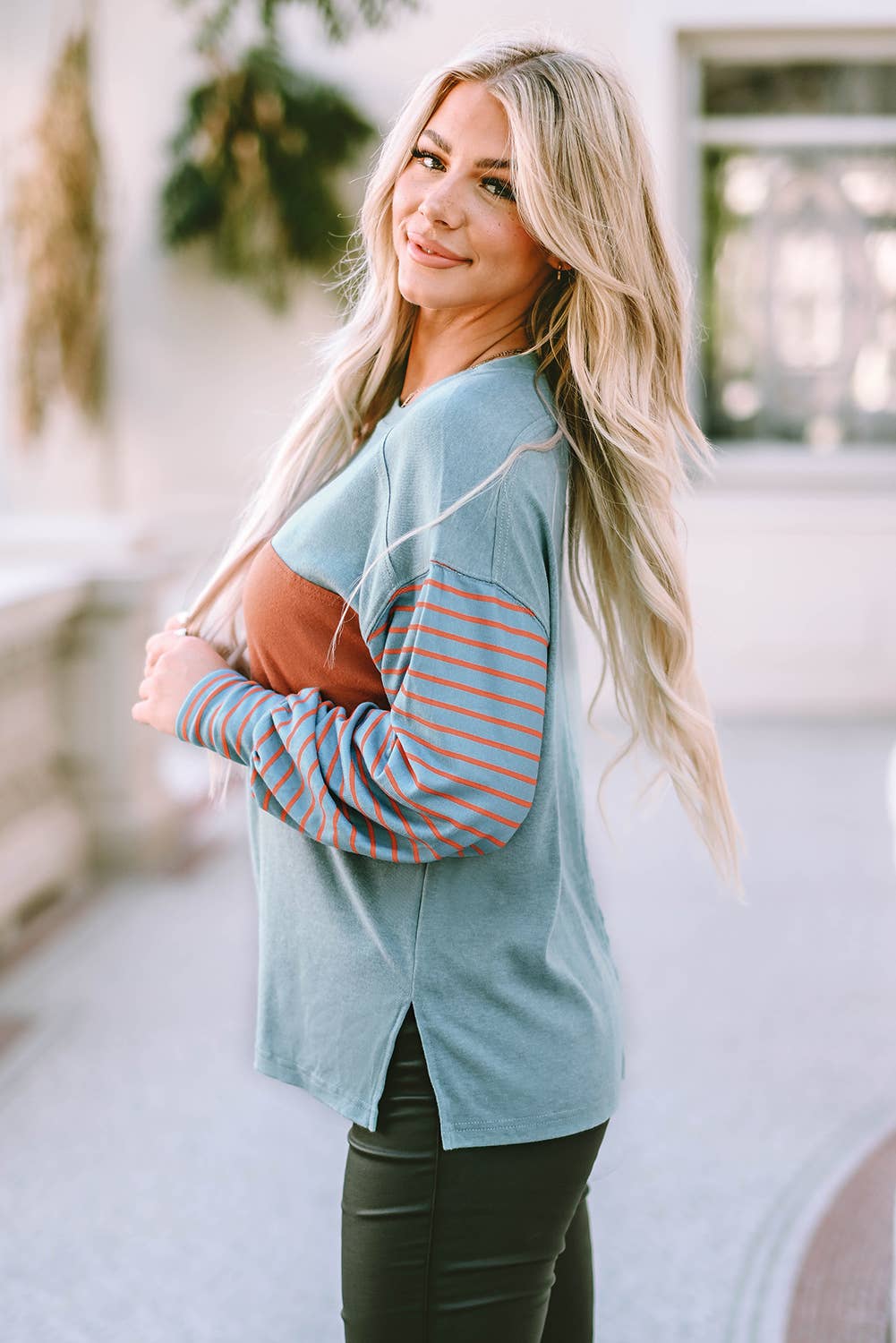 Multicolor Clashing Stripe Bishop Sleeve Top