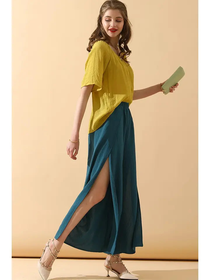 Banded Front Open Slit Leg Wide Pants