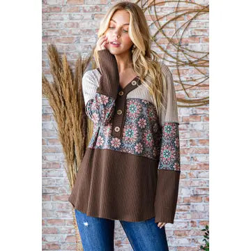 Color Block V-Neck Top with Button Detail