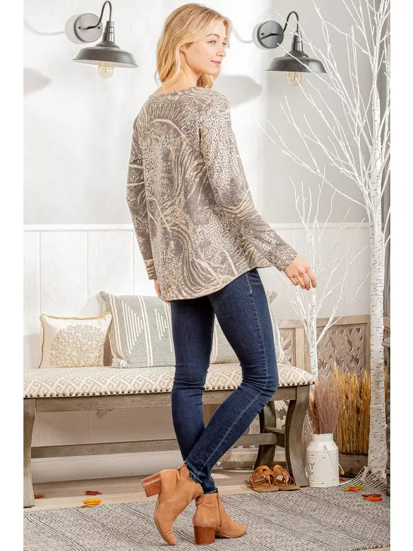 Multi Print Olive Criss Cross Neck Top