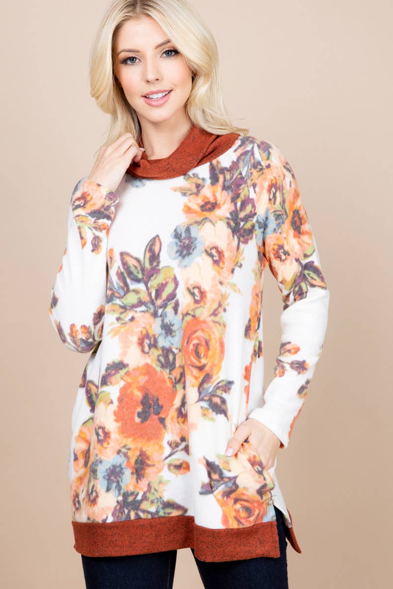 ETK-7939 Floral Print Pullover with Cowl Neck