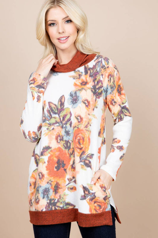 ETK-7939 Floral Print Pullover with Cowl Neck