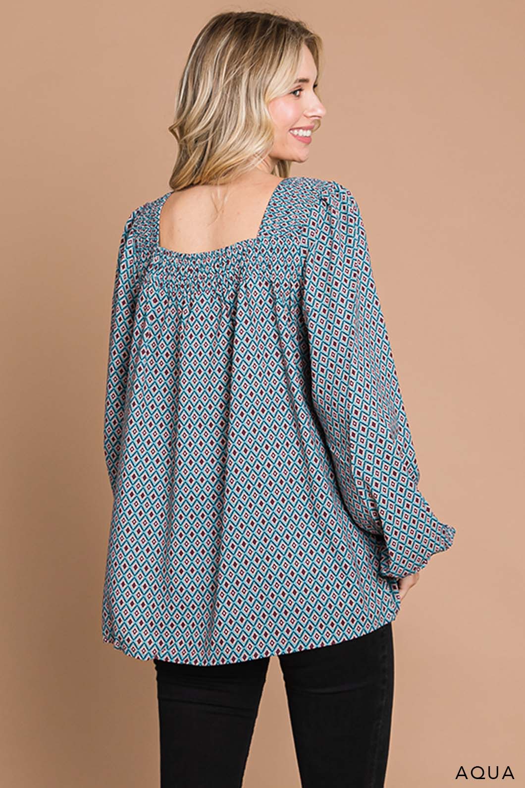 Boho Tile Print Smocking Neck Women's Top