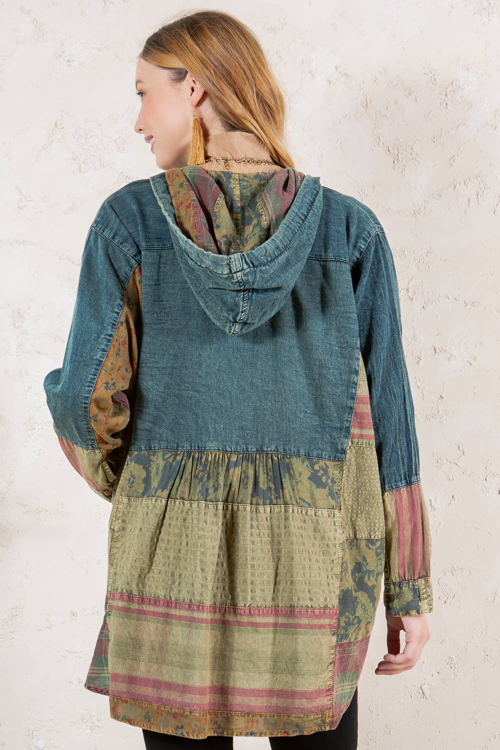 Western Boho Chic: Hooded High Low Patchwork Top