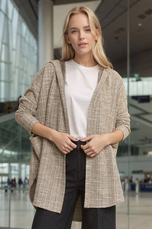 Boucle Fabric Hooded Open Cardigan