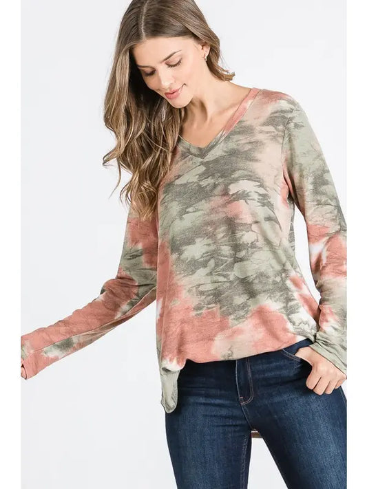 Tie Dye Long Sleeve V-Neck Top