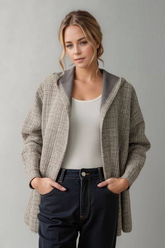 Boucle Fabric Hooded Open Cardigan