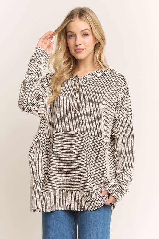 Ribbed 1/4 Button Hooded Top