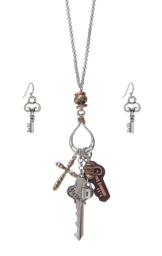 KEY AND CROSS CHARM PENDANT NECKLACE SET