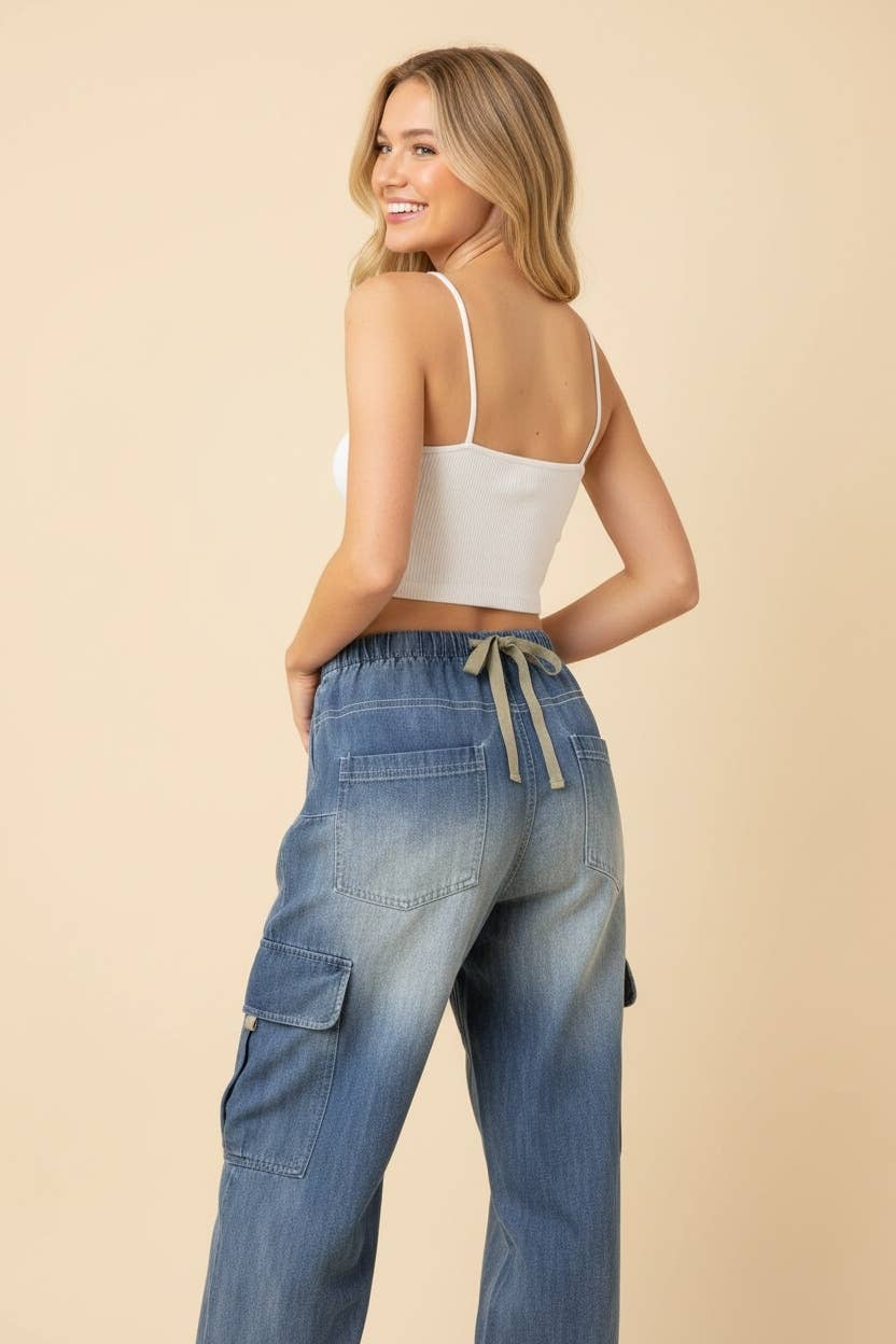 High Rise Cargo Jogger Jeans with Cinched Ankle Ties
