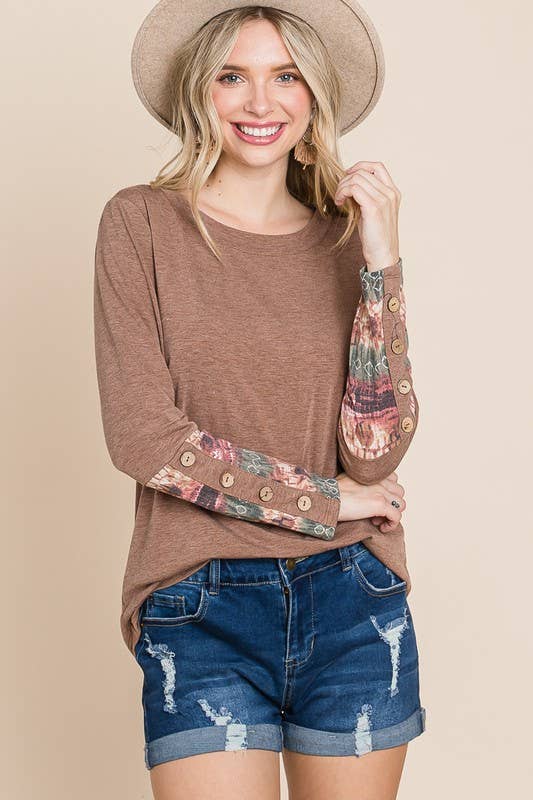 ETK-8592 Tie Dye Button Sleeves Contrast Top
