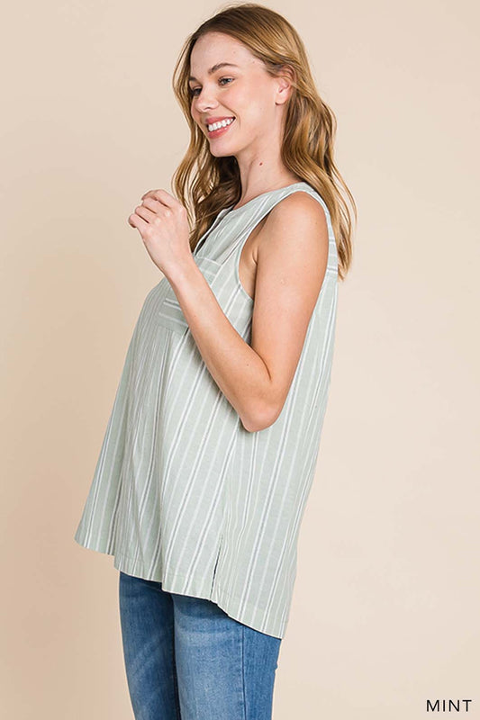 Women's Cotton Striped Pocket Detail Tank Top