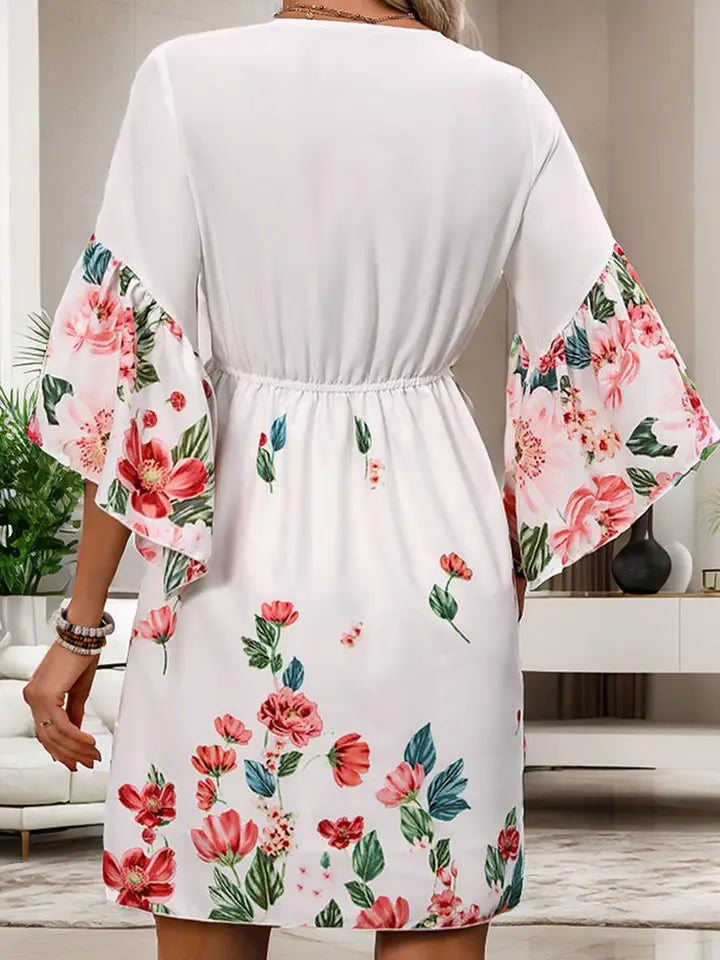 Half Sleeve Mock Wrap Floral Dress