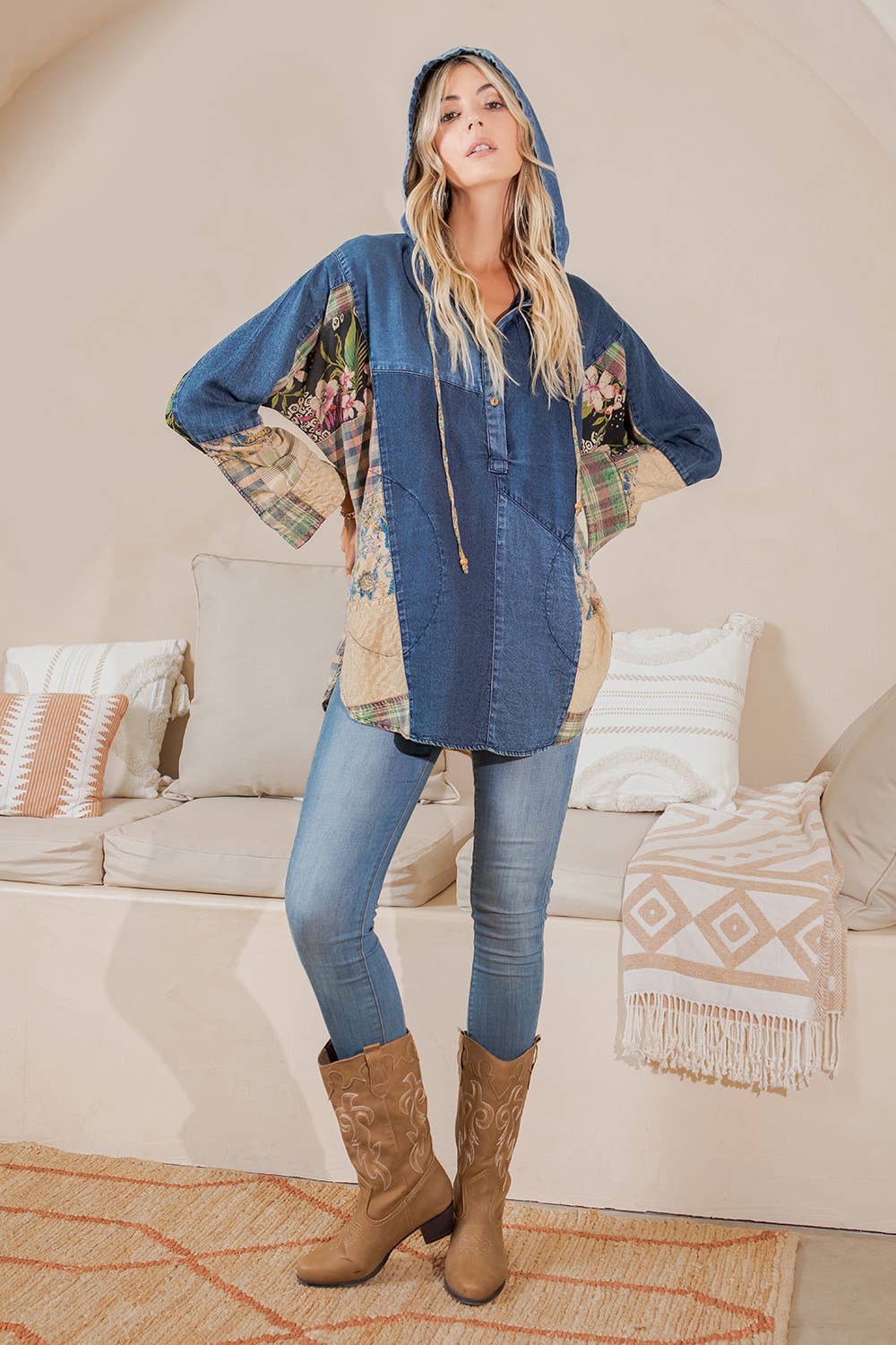 Western Boho Chic: Hooded High Low Patchwork Top