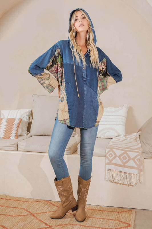 Western Boho Chic: Hooded High Low Patchwork Top
