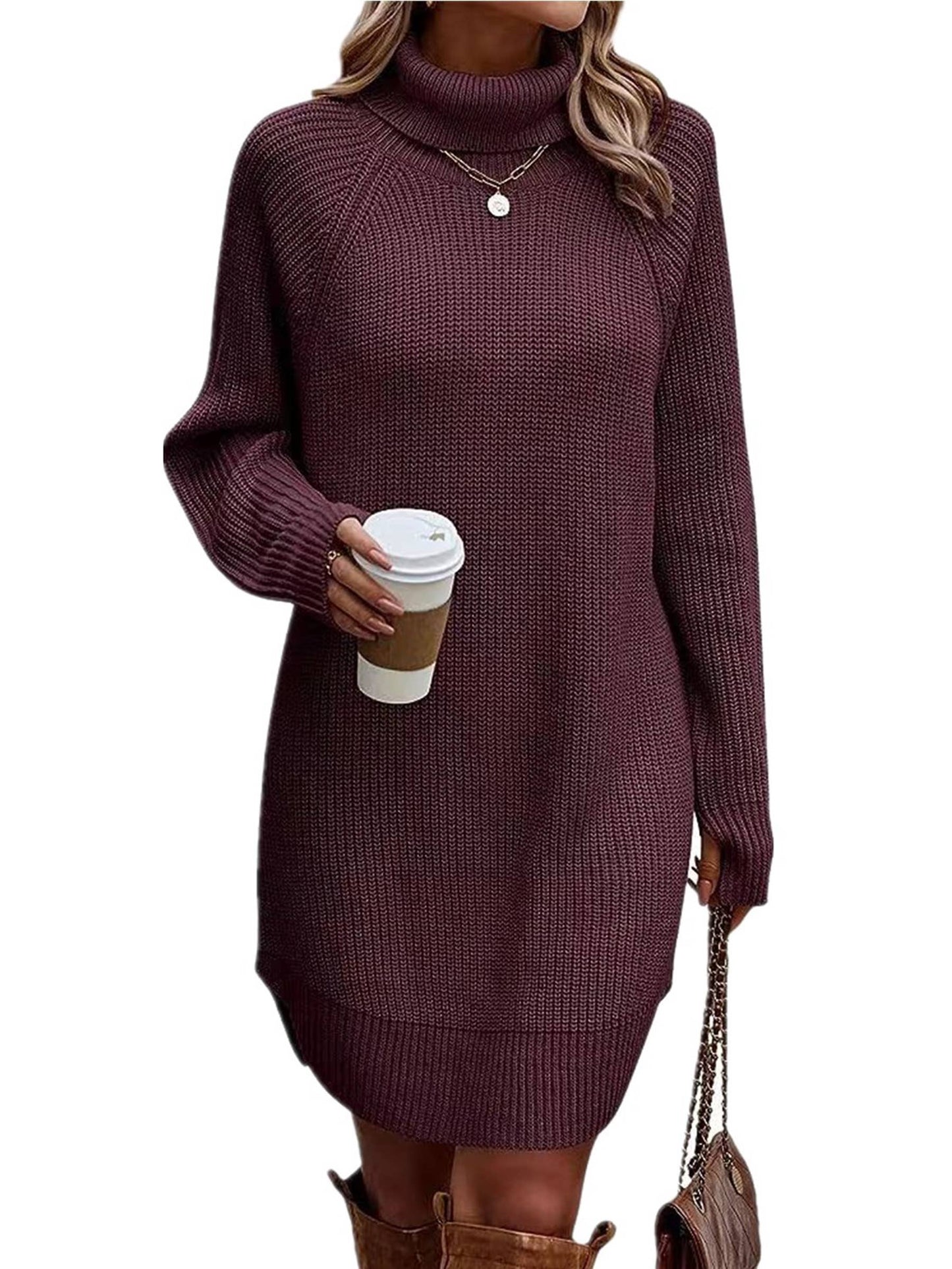 Fashion Split Pullover High Neck Sweater Dress