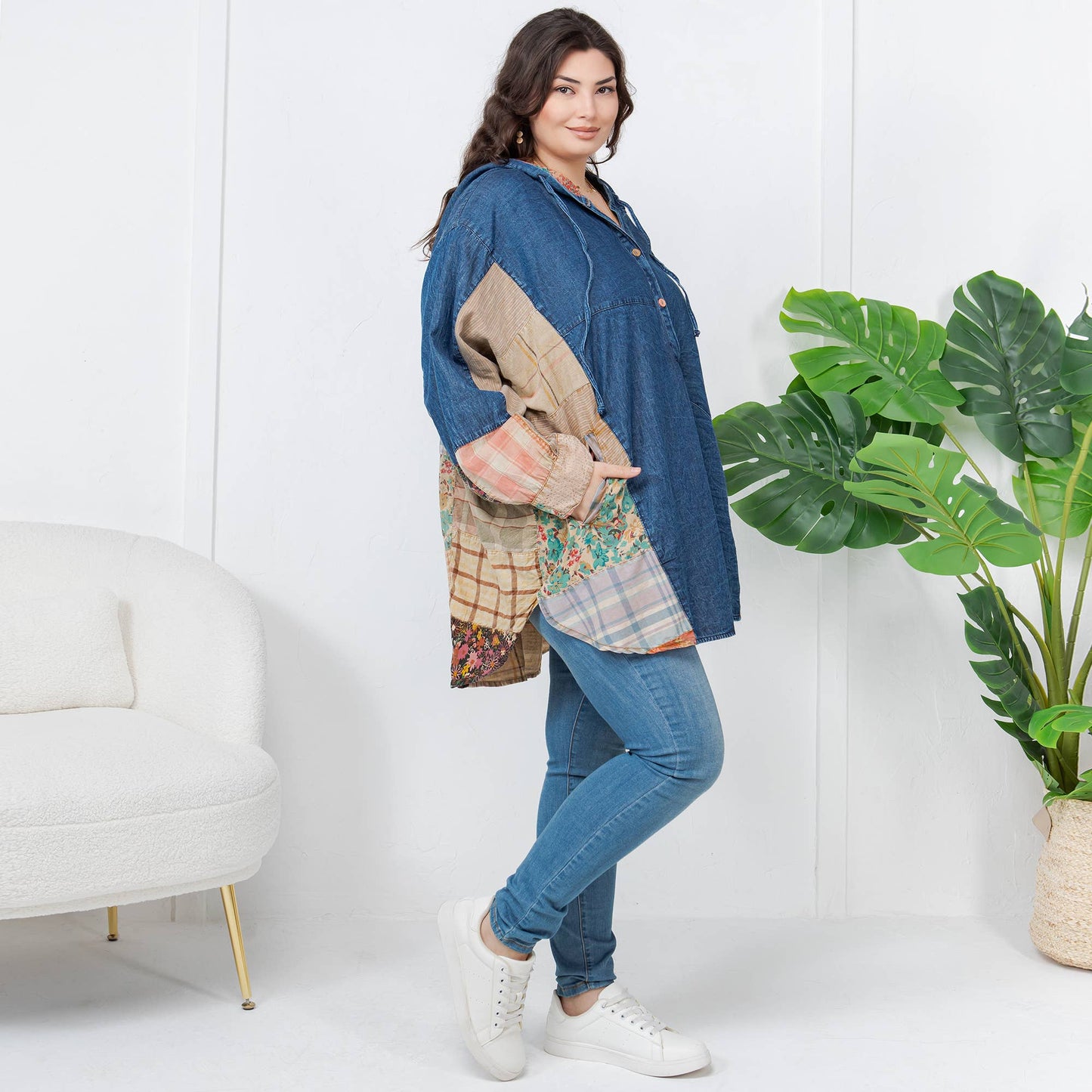 Western Boho Chic: Hooded High Low Patchwork Top