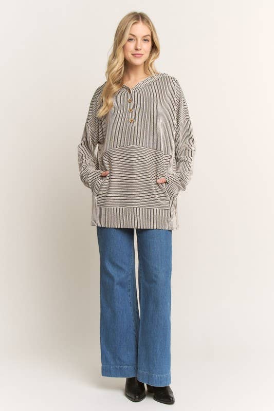 Ribbed 1/4 Button Hooded Top