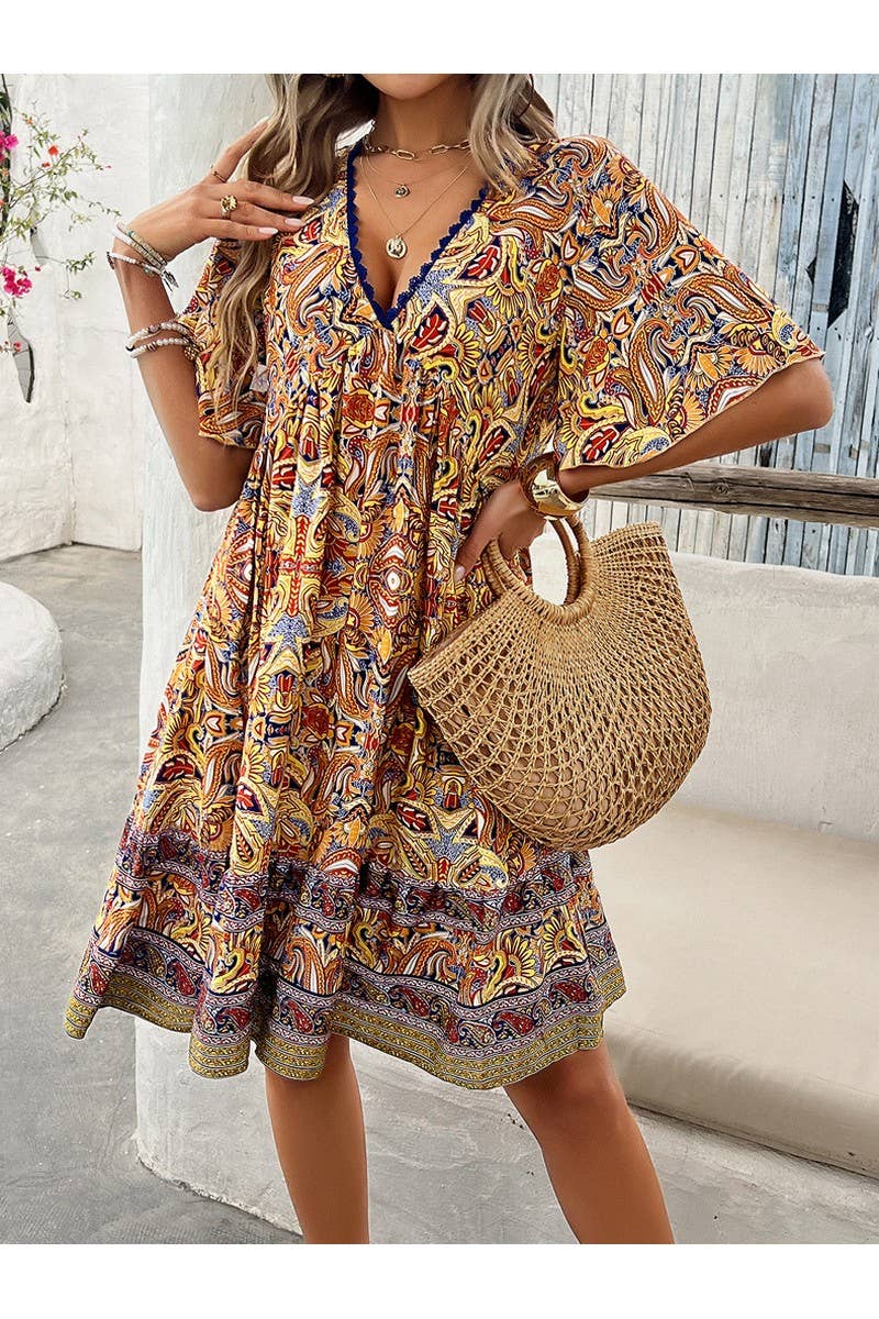 CWDSD4322_Deep V-Neck Short Sleeve Printed Casual Midi Dress