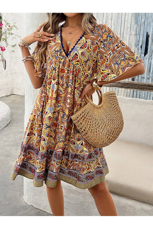 CWDSD4322_Deep V-Neck Short Sleeve Printed Casual Midi Dress