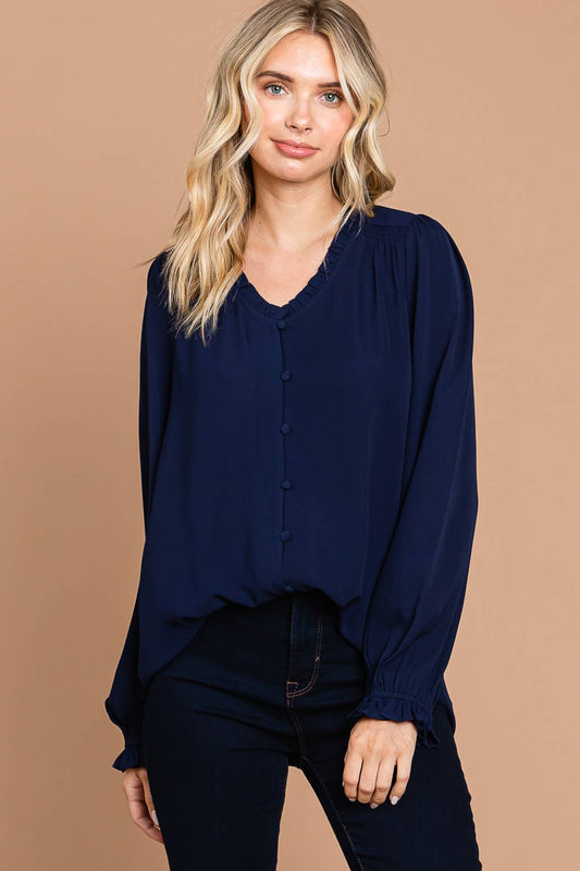 Women's Ruffle Detailed Neck Button Down Front Top