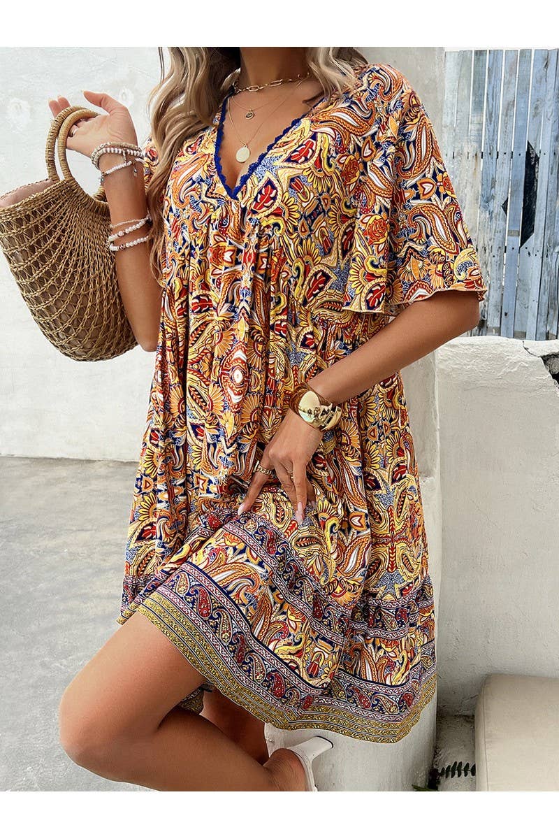 CWDSD4322_Deep V-Neck Short Sleeve Printed Casual Midi Dress
